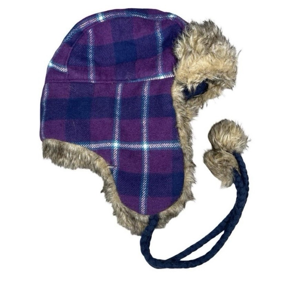 American Eagle Trapper Hat Winter Warm Ear Faux Fur Lined Purple Plaid Y2k - Picture 2 of 6